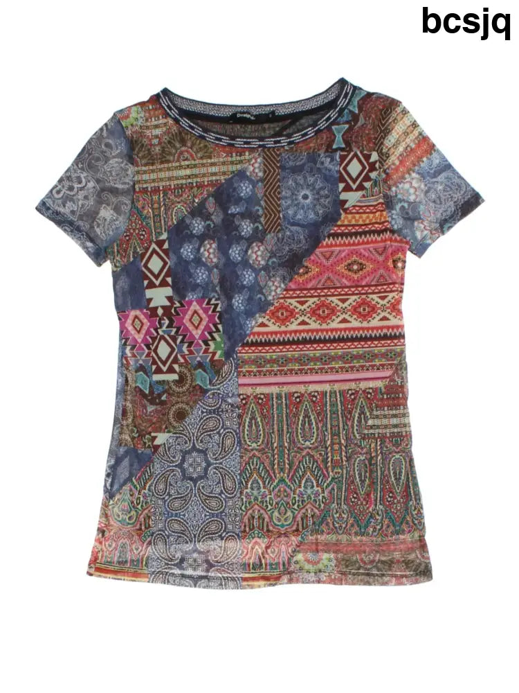 Y2K Patchwork Mesh T-Shirt (Size S) - T-Shirts